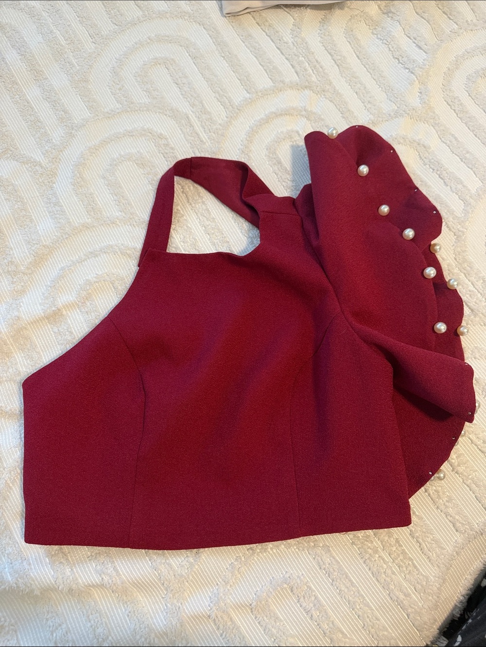 Womens Pearl-Embellished One-Shoulder Top - Wine